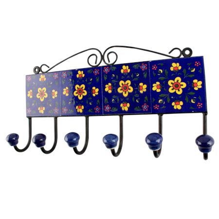 Navy Blue Ceramic Floral Tile Hook